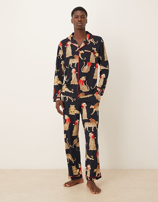 Chelsea Peers His & Hers poly long sleeve revere pyjama set in Christmas leopard print