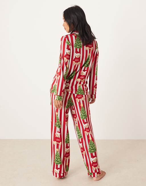 Chelsea Peers Petite Poly Long Sleeve Revere Pyjama Set In Christmas Teddy Stripe Print