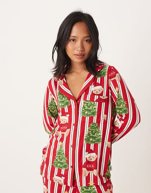Chelsea Peers Petite Poly Long Sleeve Revere Pyjama Set In Christmas Teddy Stripe Print