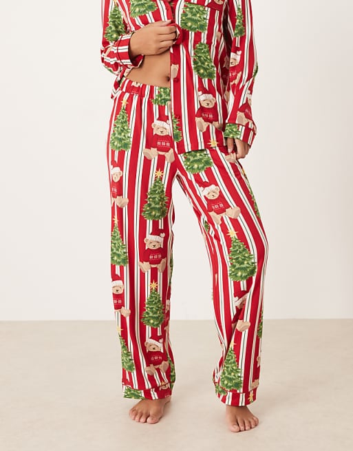 Chelsea Peers Petite Poly Long Sleeve Revere Pyjama Set In Christmas Teddy Stripe Print
