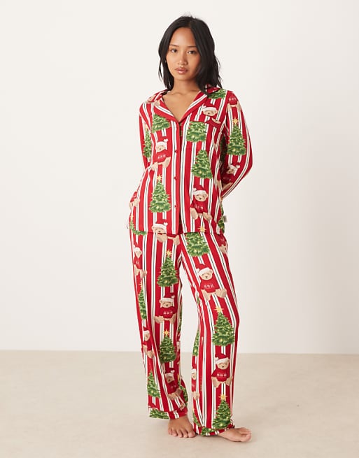 Chelsea Peers Petite poly long sleeve revere pyjama set in Christmas Teddy stripe print