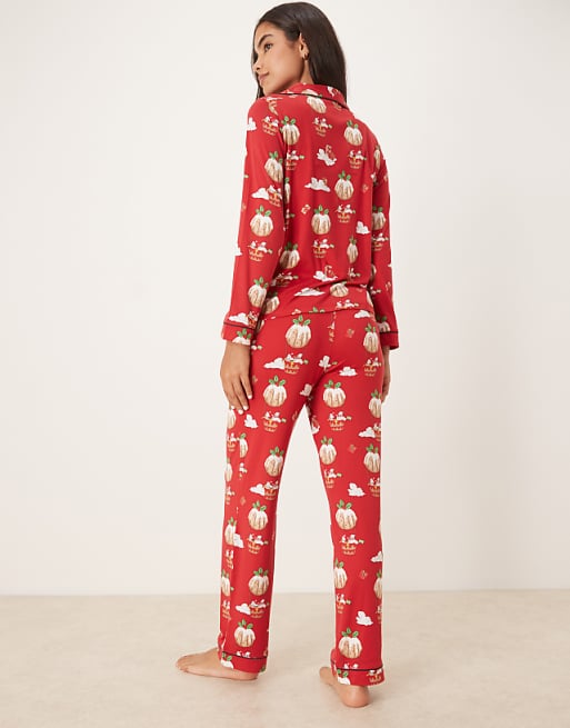 Chelsea Peers Poly Long Sleeve Revere Pyjama Set In Christmas Pudding Balloon Print
