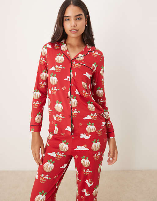 Chelsea Peers Poly Long Sleeve Revere Pyjama Set In Christmas Pudding Balloon Print