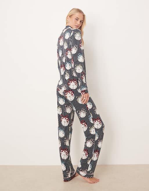 Chelsea Peers Tall Poly Long Sleeve Revere Pyjama Set In Christmas Disco Ball Print
