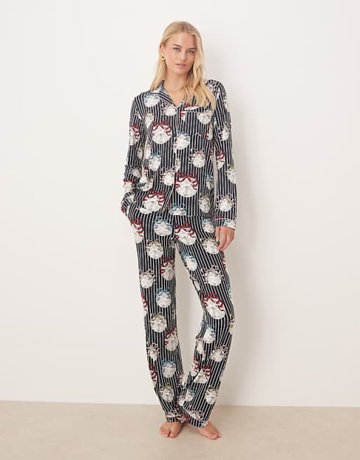 Chelsea Peers Tall poly long sleeve revere pyjama set in Christmas disco ball print