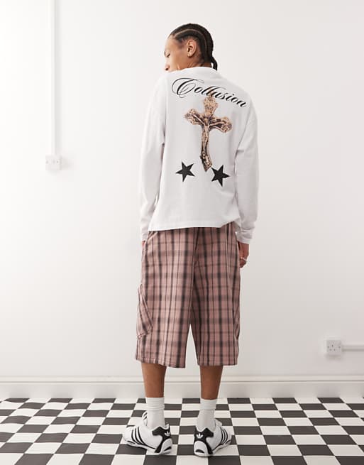 COLLUSION Baggy Longline Jorts In Pink Check