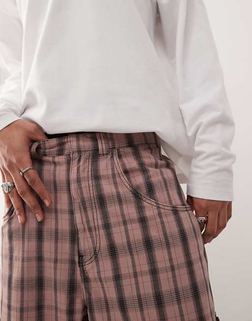 COLLUSION Baggy Longline Jorts In Pink Check