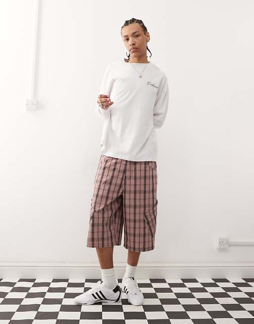 COLLUSION baggy longline jorts in pink check