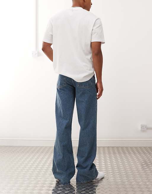 COLLUSION Flare Jean In Mid Wash And Tobacco Stitching