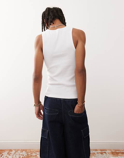 COLLUSION Henley Muscle Vest In White
