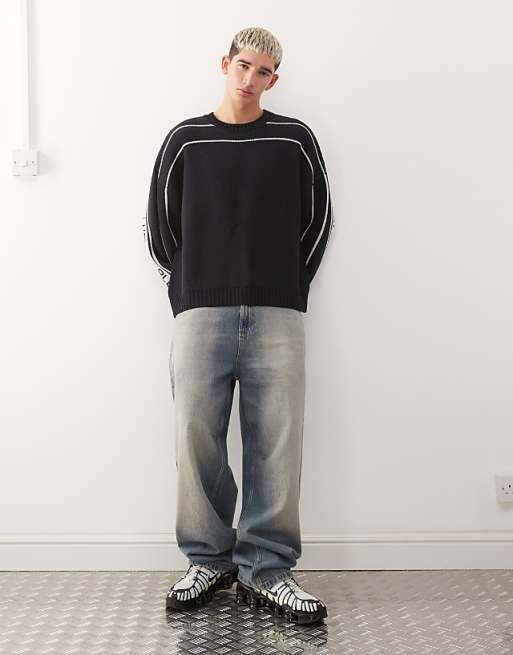COLLUSION Knitted Branded Jumper In Navy