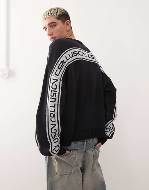 COLLUSION Knitted Branded Jumper In Navy