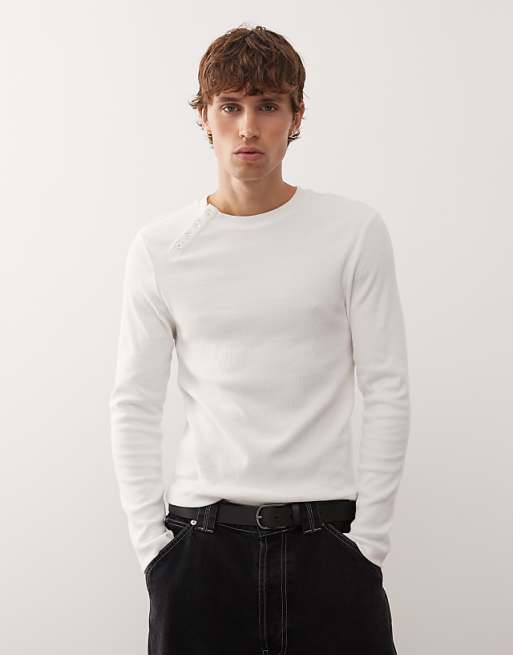 COLLUSION long sleeve henley with asymmetric buttons in cream
