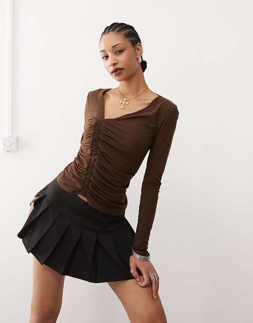 COLLUSION Semi Sheer Asymmetric Neck Tights Top In Chocolate