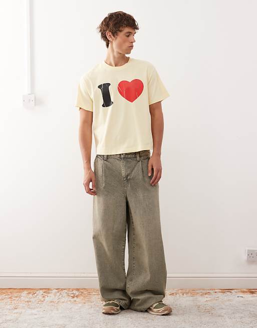COLLUSION Slim Fit T-shirt In Yellow With I LOVE Graphic