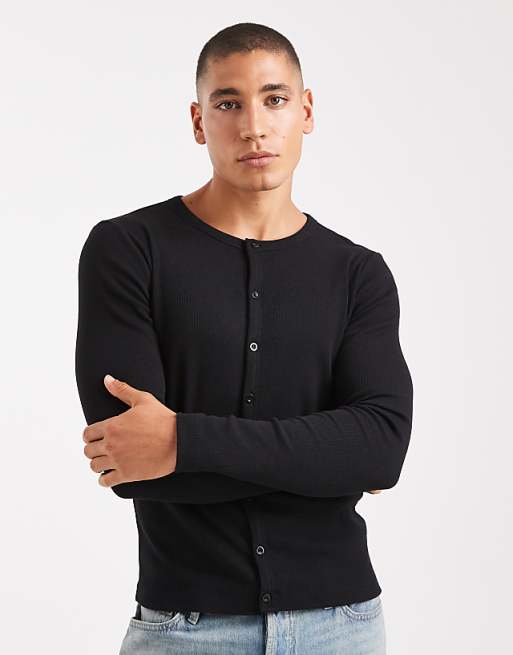 COLLUSION Slim Long Sleeve Button Thorugh T-shirt In Black