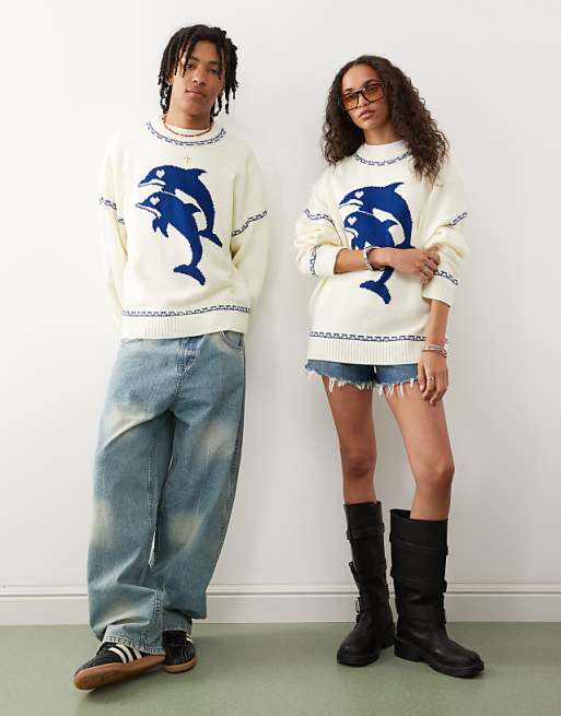 COLLUSION Unisex Dolphin Print Knitted Boxy Jumper
