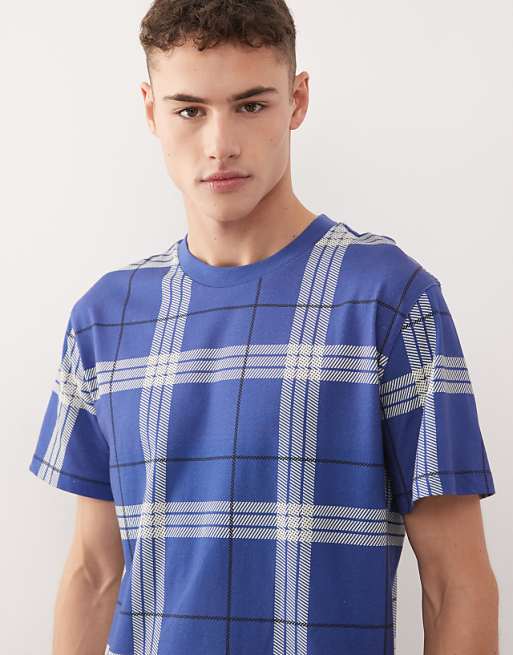 COLLUSION Unisex Slim Check Blue T-shirt