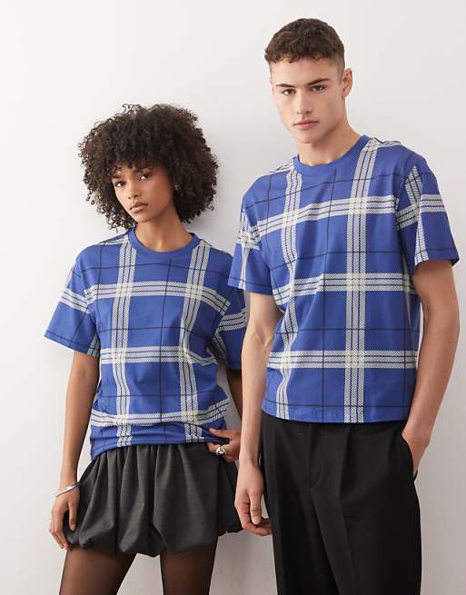 COLLUSION Unisex slim check blue t-shirt