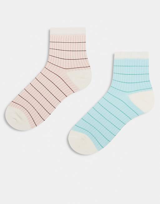 Cotton On 2 pack grid pattern crew sock in cloudy jade and lemon icing