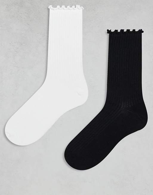 Cotton On 2 pack the perfect pair frill rib crew sock in black and white