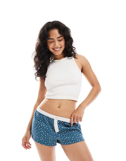 Cotton On flannel girlfriend sleep short in deep blue aura ditsy