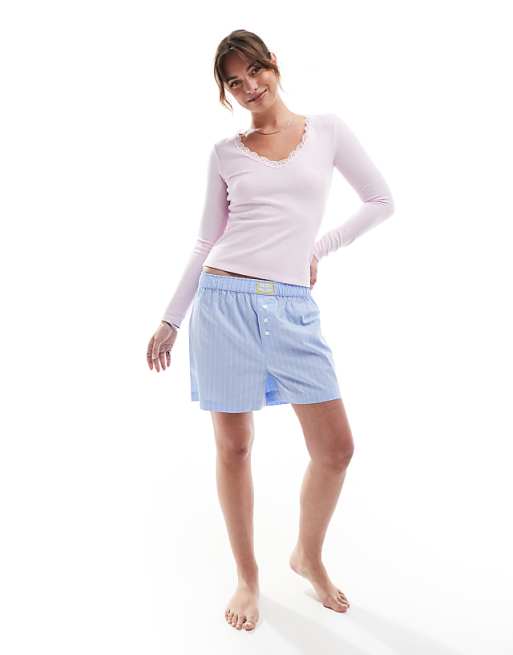 Cotton On Lace Trim Long Sleeve Waffle Sleep Top In Pink