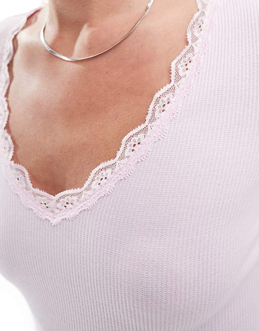 Cotton On Lace Trim Long Sleeve Waffle Sleep Top In Pink