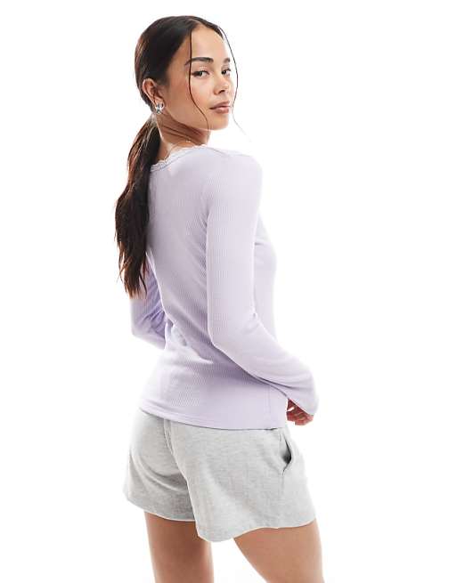 Cotton On Lace Trim Long Sleeve Waffle Sleep Top In Blue