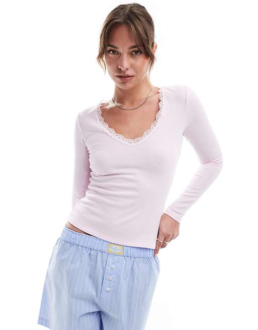 Cotton On lace trim long sleeve waffle sleep top in pink