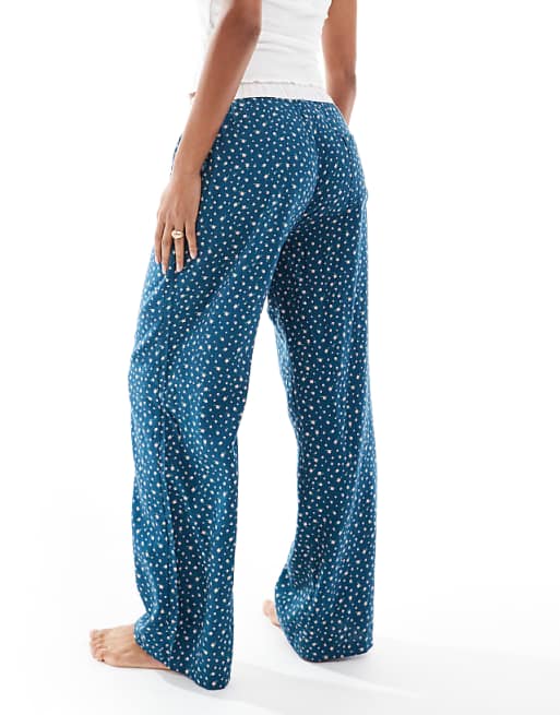 Cotton On Sleep Flannel Wide Leg Pant In Deep Blue Aura Ditsy Floral