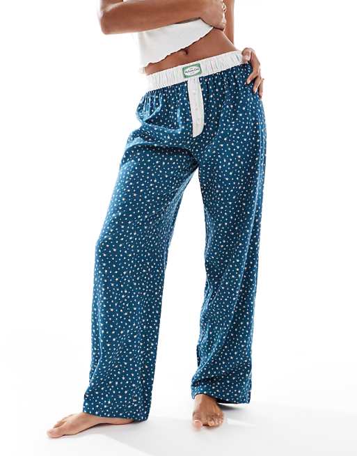 Cotton On Sleep Flannel Wide Leg Pant In Deep Blue Aura Ditsy Floral