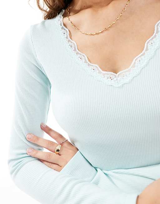 Cotton On Sleep Lace Trim Long Sleeve Top In Morning Mist Blue