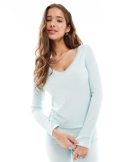 Cotton On sleep lace trim long sleeve top in morning mist blue