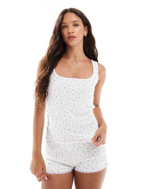 Cotton On Sleep Rib Lace Ruched Tank In Coconut Milk Ditsy Floral