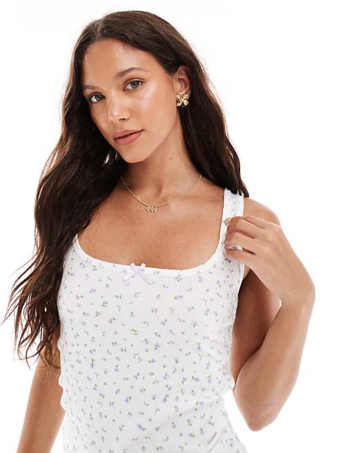 Cotton On sleep rib lace ruched tank in coconut milk ditsy floral
