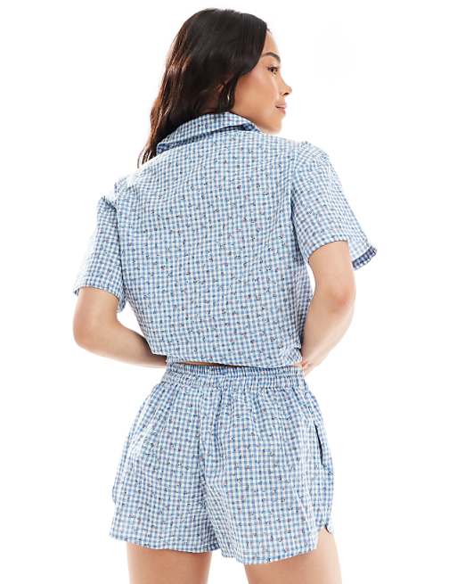 Daisy Street Boxer Style Gingham Pyjama Shorts With Floral Detail In Blue