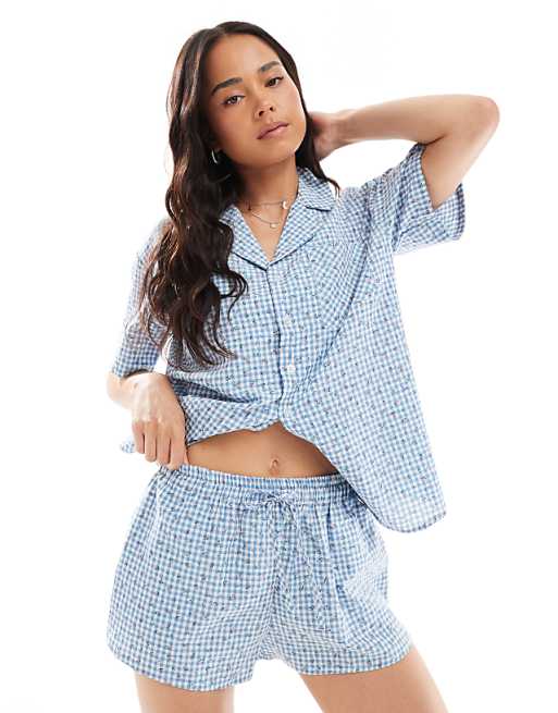 Daisy Street boxer style gingham pyjama shorts with floral detail in blue
