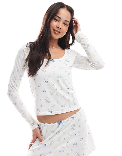 Daisy Street long sleeve pyjama top with bow graphic detail in white