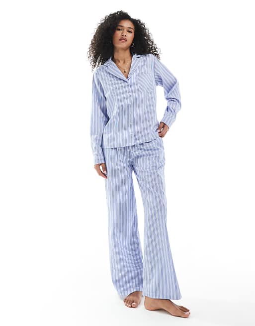 Daisy Street matching long sleeve shirt and trouser in green/blue stripe