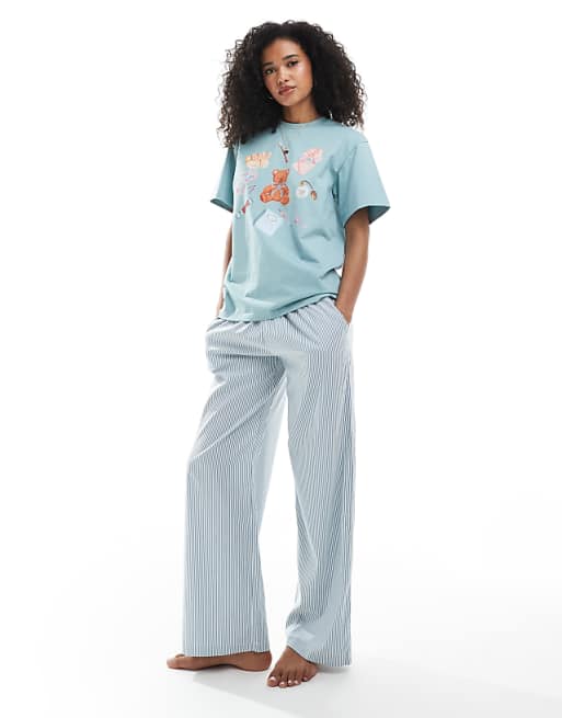 Daisy Street Oversized Tee And Striped Trouser Pyjama Set In Blue