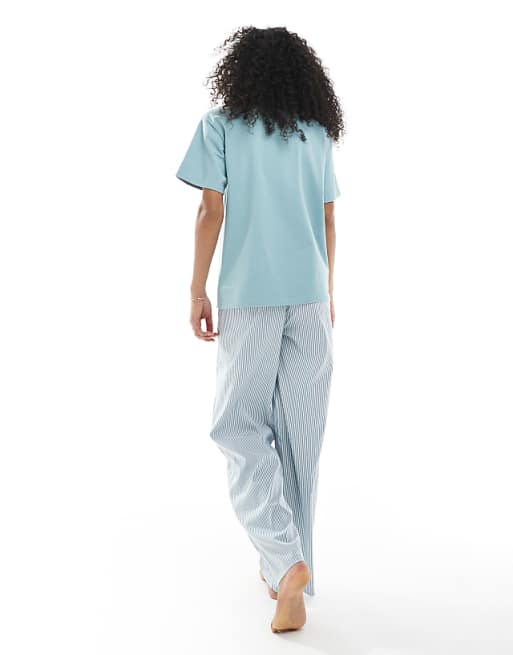 Daisy Street Oversized Tee And Striped Trouser Pyjama Set In Blue
