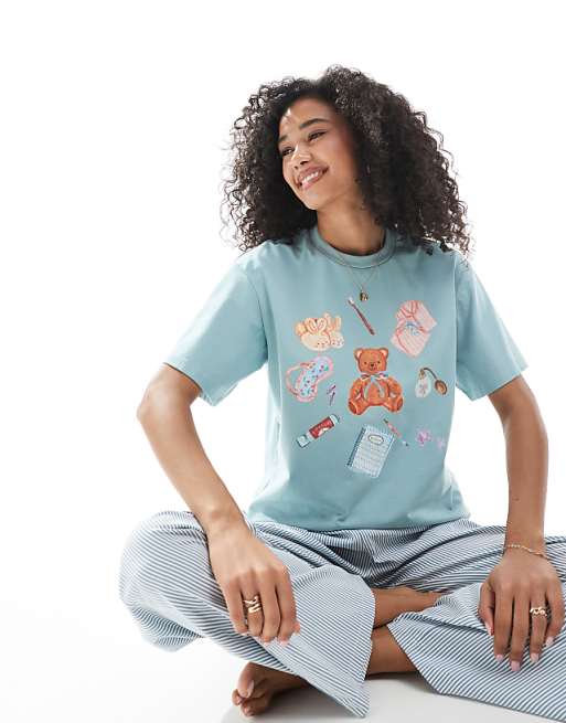 Daisy Street oversized tee and striped trouser pyjama set in blue