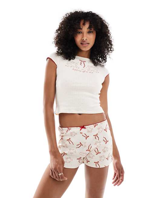 Daisy Street pointelle top and matching shorts in ecru bunny print