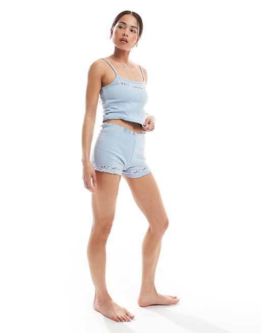 Daisy Street Pointelle Vest Top And Matching Shorts Pyjama Set With Floral Embroidery In Blue