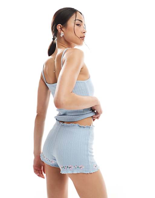 Daisy Street Pointelle Vest Top And Matching Shorts Pyjama Set With Floral Embroidery In Blue