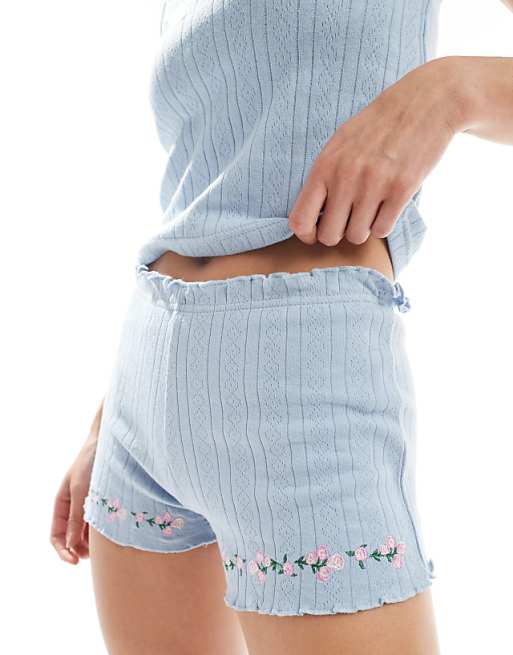 Daisy Street Pointelle Vest Top And Matching Shorts Pyjama Set With Floral Embroidery In Blue