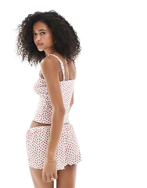 Daisy Street Pointelle Vest Top And Matching Shorts In Strawberry Print