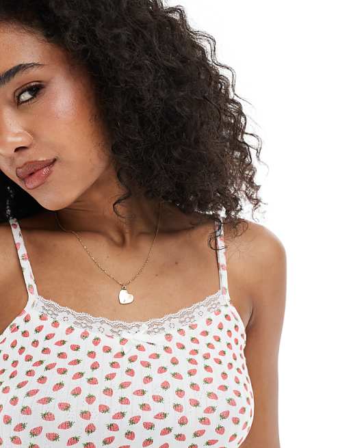 Daisy Street Pointelle Vest Top And Matching Shorts In Strawberry Print