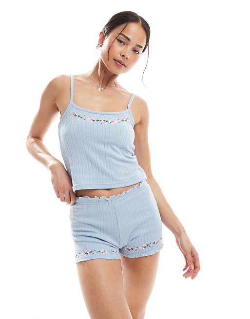 Daisy Street pointelle vest top and matching shorts pyjama set with floral embroidery in blue